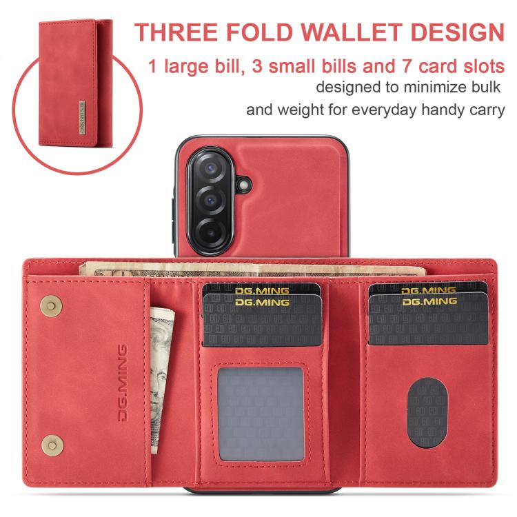 For Samsung Galaxy A26 5G DG.MING M1 Series 3-Fold Multi Card Wallet + Magnetic Phone Case(Red) - Galaxy Phone Cases by DG.MING | Online Shopping UK | buy2fix