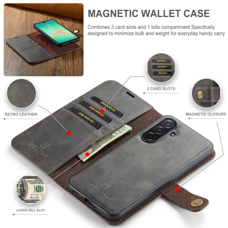 For Samsung Galaxy A26 5G DG.MING Crazy Horse Texture Detachable Magnetic Leather Case(Grey) - Galaxy Phone Cases by DG.MING | Online Shopping UK | buy2fix