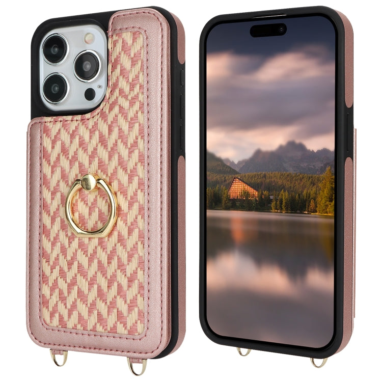 For iPhone 15 Pro Max Double Bckle Card Slot Full Coverage Phone Case with Cross-body Strap(Rose Gold) - iPhone 15 Pro Max Cases by buy2fix | Online Shopping UK | buy2fix