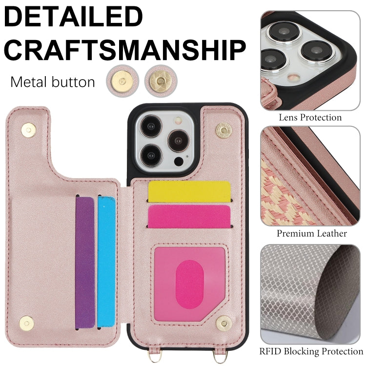 For iPhone 15 Pro Max Double Bckle Card Slot Full Coverage Phone Case with Cross-body Strap(Rose Gold) - iPhone 15 Pro Max Cases by buy2fix | Online Shopping UK | buy2fix