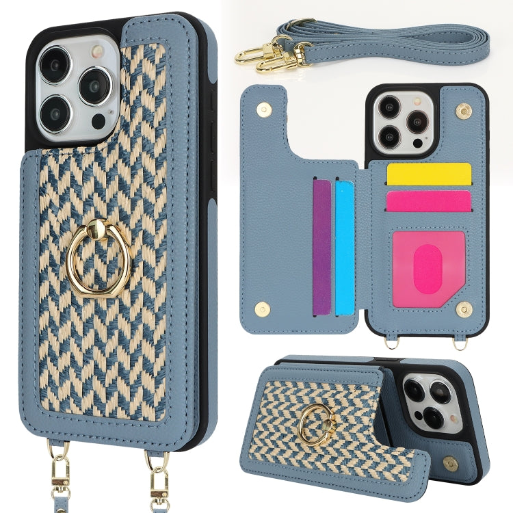 For iPhone 15 Pro Max Double Bckle Card Slot Full Coverage Phone Case with Cross-body Strap(Blue) - iPhone 15 Pro Max Cases by buy2fix | Online Shopping UK | buy2fix