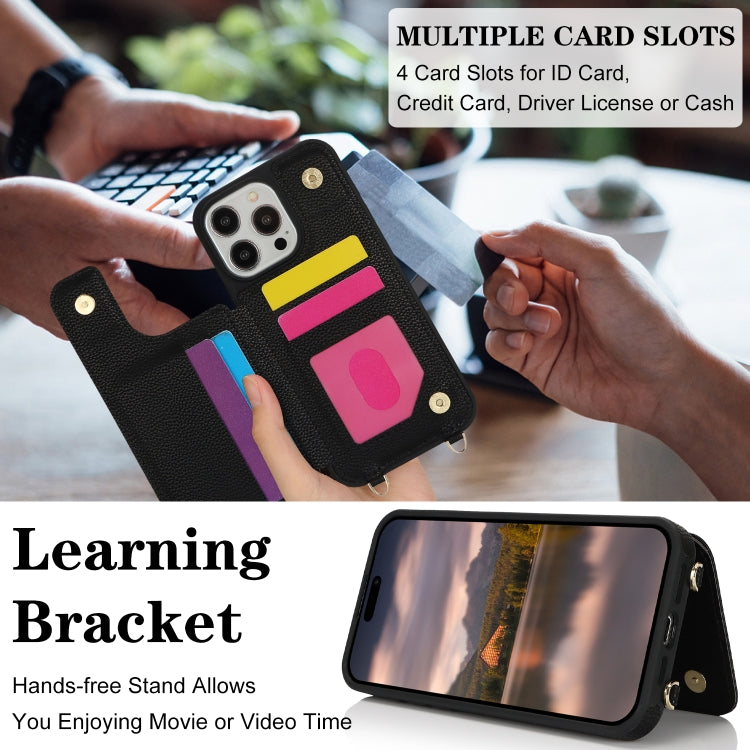 For iPhone 15 Pro Double Bckle Card Slot Full Coverage Phone Case with Cross-body Strap(Black) - iPhone 15 Pro Cases by buy2fix | Online Shopping UK | buy2fix