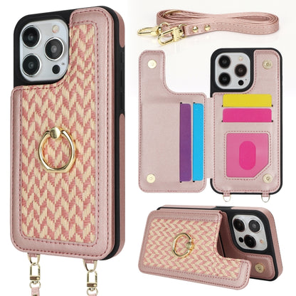 For iPhone 15 Pro Double Bckle Card Slot Full Coverage Phone Case with Cross-body Strap(Rose Gold) - iPhone 15 Pro Cases by buy2fix | Online Shopping UK | buy2fix