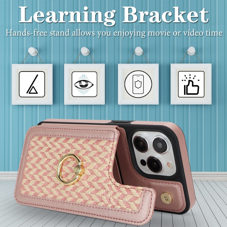 For iPhone 15 Pro Double Bckle Card Slot Full Coverage Phone Case with Cross-body Strap(Rose Gold) - iPhone 15 Pro Cases by buy2fix | Online Shopping UK | buy2fix