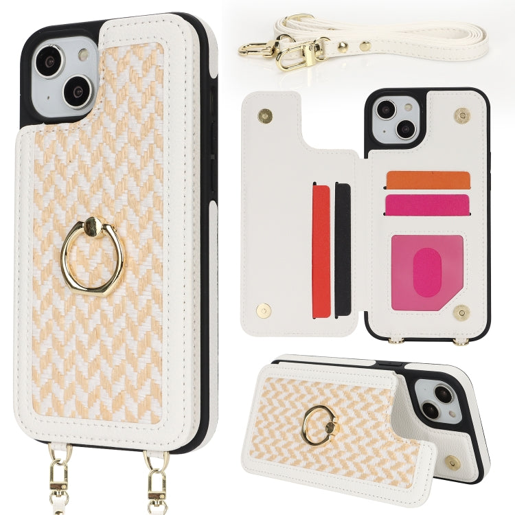 For iPhone 14 Plus / 15 Plus Double Bckle Card Slot Full Coverage Phone Case with Cross-body Strap(White) - iPhone 15 Plus Cases by buy2fix | Online Shopping UK | buy2fix