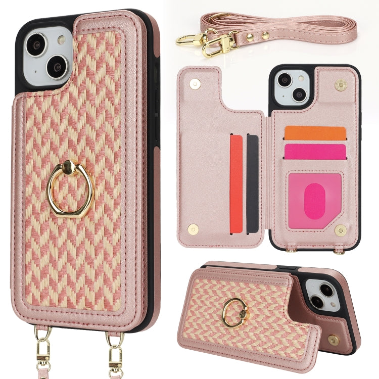 For iPhone 14 Plus / 15 Plus Double Bckle Card Slot Full Coverage Phone Case with Cross-body Strap(Rose Gold) - iPhone 15 Plus Cases by buy2fix | Online Shopping UK | buy2fix