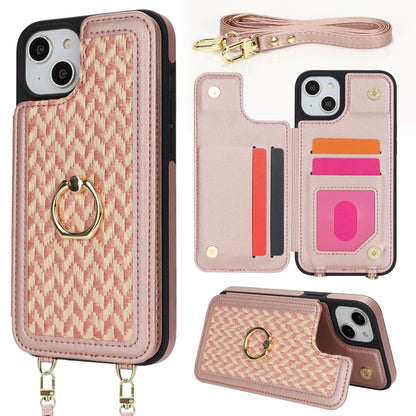 For iPhone 14 Plus / 15 Plus Double Bckle Card Slot Full Coverage Phone Case with Cross-body Strap(Rose Gold) - iPhone 15 Plus Cases by buy2fix | Online Shopping UK | buy2fix