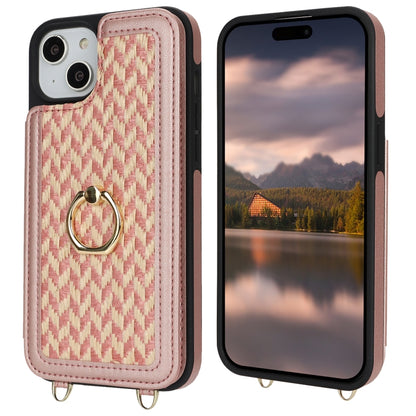 For iPhone 14 Plus / 15 Plus Double Bckle Card Slot Full Coverage Phone Case with Cross-body Strap(Rose Gold) - iPhone 15 Plus Cases by buy2fix | Online Shopping UK | buy2fix