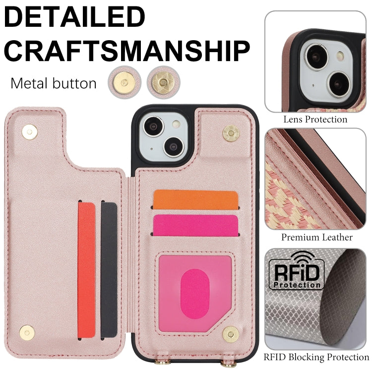 For iPhone 14 Plus / 15 Plus Double Bckle Card Slot Full Coverage Phone Case with Cross-body Strap(Rose Gold) - iPhone 15 Plus Cases by buy2fix | Online Shopping UK | buy2fix