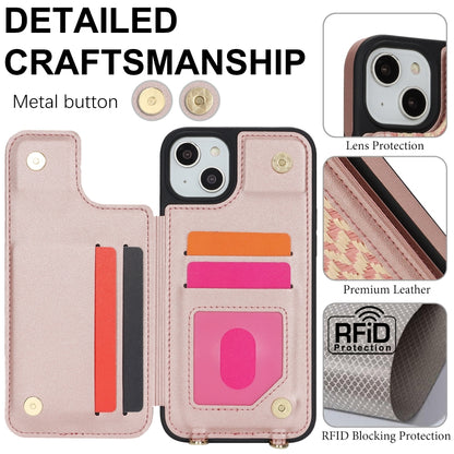 For iPhone 14 Plus / 15 Plus Double Bckle Card Slot Full Coverage Phone Case with Cross-body Strap(Rose Gold) - iPhone 15 Plus Cases by buy2fix | Online Shopping UK | buy2fix