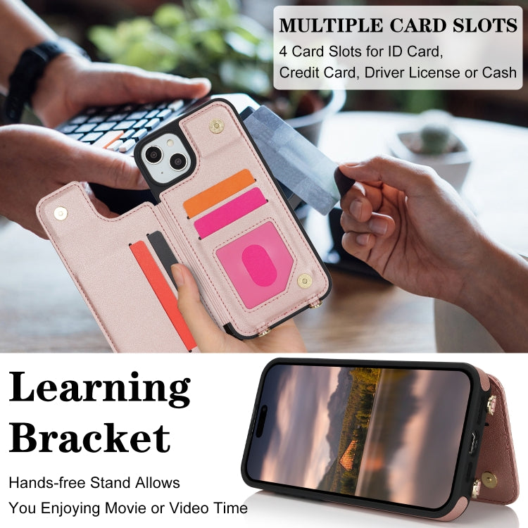 For iPhone 14 Plus / 15 Plus Double Bckle Card Slot Full Coverage Phone Case with Cross-body Strap(Rose Gold) - iPhone 15 Plus Cases by buy2fix | Online Shopping UK | buy2fix