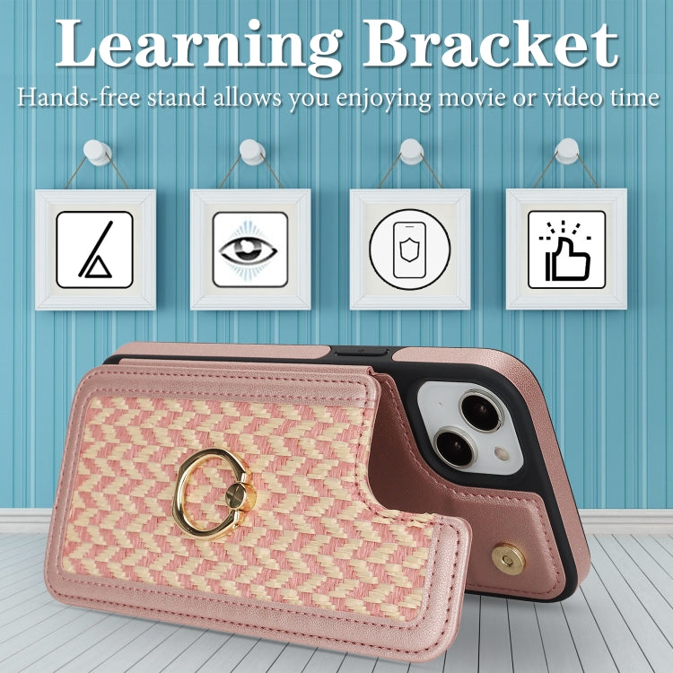 For iPhone 14 Plus / 15 Plus Double Bckle Card Slot Full Coverage Phone Case with Cross-body Strap(Rose Gold) - iPhone 15 Plus Cases by buy2fix | Online Shopping UK | buy2fix