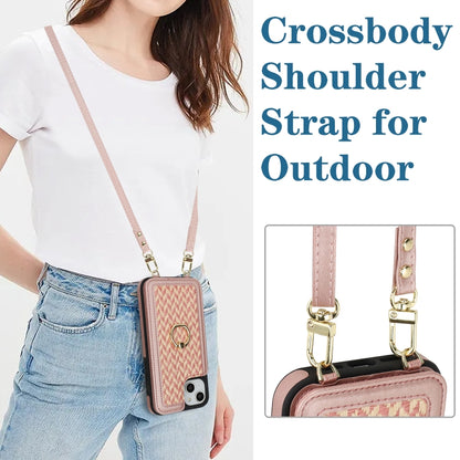 For iPhone 14 Plus / 15 Plus Double Bckle Card Slot Full Coverage Phone Case with Cross-body Strap(Rose Gold) - iPhone 15 Plus Cases by buy2fix | Online Shopping UK | buy2fix