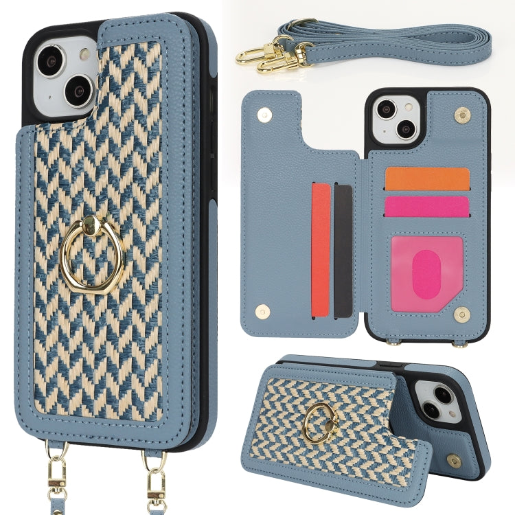 For iPhone 14 Plus / 15 Plus Double Bckle Card Slot Full Coverage Phone Case with Cross-body Strap(Blue) - iPhone 15 Plus Cases by buy2fix | Online Shopping UK | buy2fix