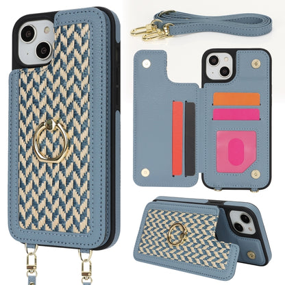 For iPhone 14 Plus / 15 Plus Double Bckle Card Slot Full Coverage Phone Case with Cross-body Strap(Blue) - iPhone 15 Plus Cases by buy2fix | Online Shopping UK | buy2fix