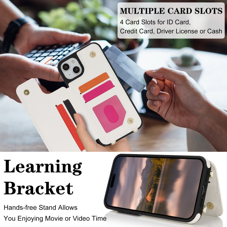 For iPhone 15 Double Bckle Card Slot Full Coverage Phone Case with Cross-body Strap(White) - iPhone 15 Cases by buy2fix | Online Shopping UK | buy2fix