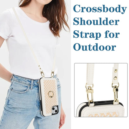 For iPhone 15 Double Bckle Card Slot Full Coverage Phone Case with Cross-body Strap(White) - iPhone 15 Cases by buy2fix | Online Shopping UK | buy2fix