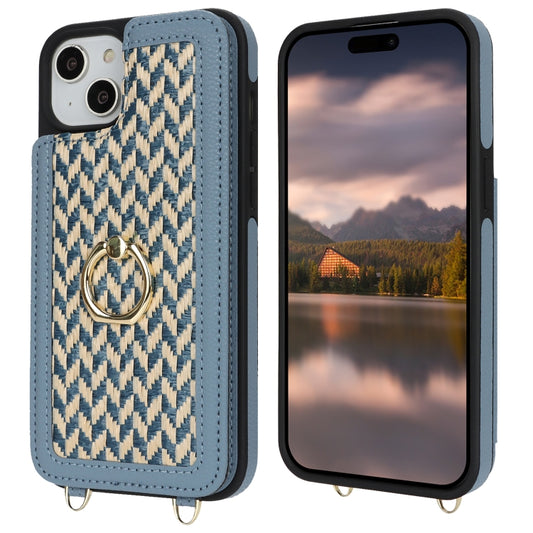 For iPhone 15 Double Bckle Card Slot Full Coverage Phone Case with Cross-body Strap(Blue) - iPhone 15 Cases by buy2fix | Online Shopping UK | buy2fix