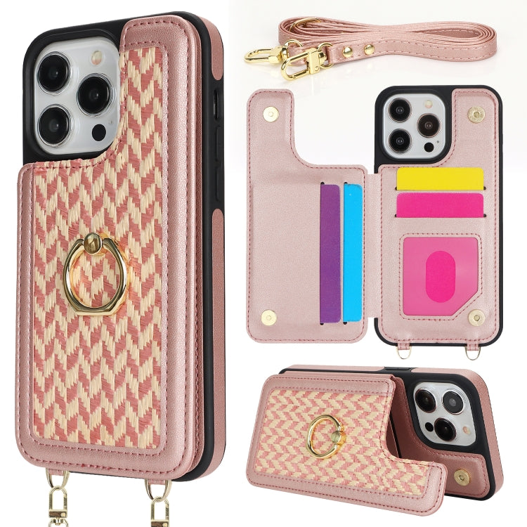 For iPhone 14 Pro Double Bckle Card Slot Full Coverage Phone Case with Cross-body Strap(Rose Gold) - iPhone 14 Pro Cases by buy2fix | Online Shopping UK | buy2fix