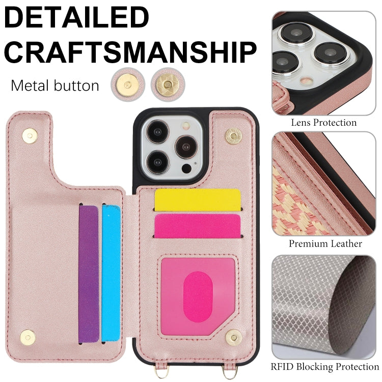 For iPhone 14 Pro Double Bckle Card Slot Full Coverage Phone Case with Cross-body Strap(Rose Gold) - iPhone 14 Pro Cases by buy2fix | Online Shopping UK | buy2fix