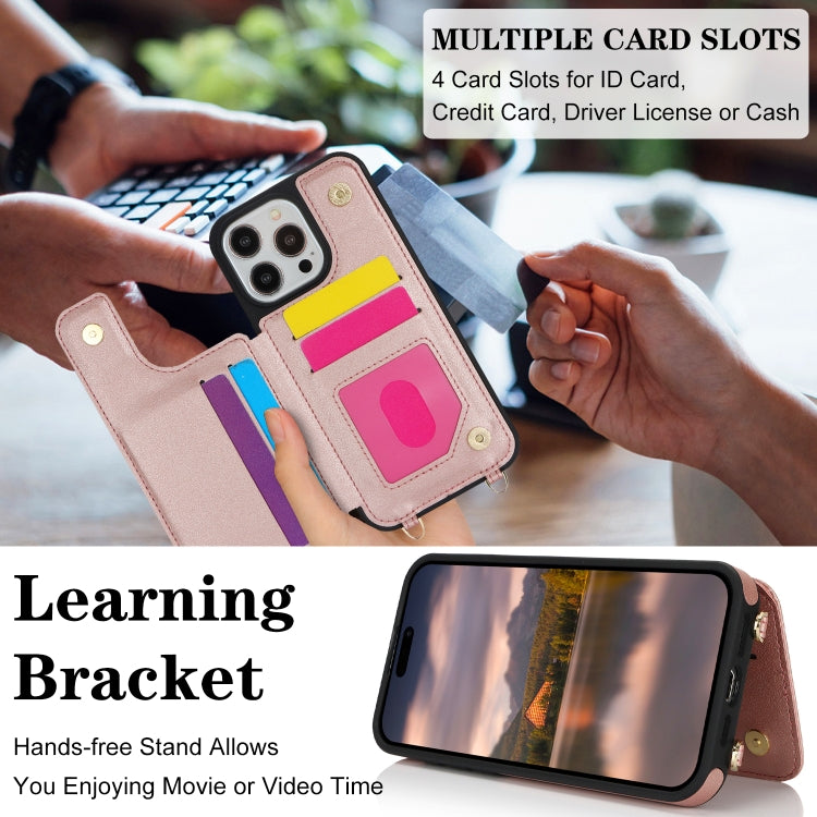 For iPhone 14 Pro Double Bckle Card Slot Full Coverage Phone Case with Cross-body Strap(Rose Gold) - iPhone 14 Pro Cases by buy2fix | Online Shopping UK | buy2fix