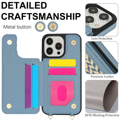 For iPhone 14 Pro Double Bckle Card Slot Full Coverage Phone Case with Cross-body Strap(Blue) - iPhone 14 Pro Cases by buy2fix | Online Shopping UK | buy2fix