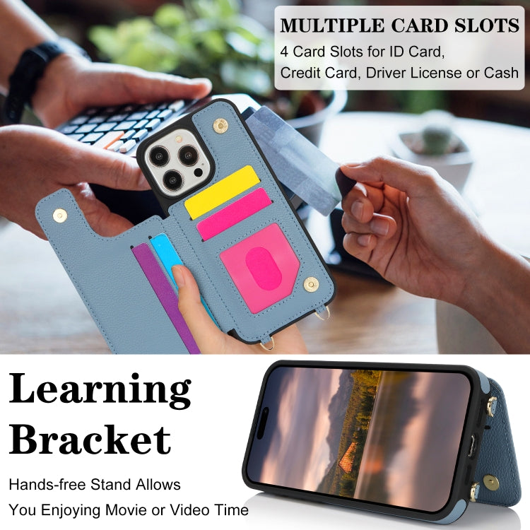 For iPhone 14 Pro Double Bckle Card Slot Full Coverage Phone Case with Cross-body Strap(Blue) - iPhone 14 Pro Cases by buy2fix | Online Shopping UK | buy2fix