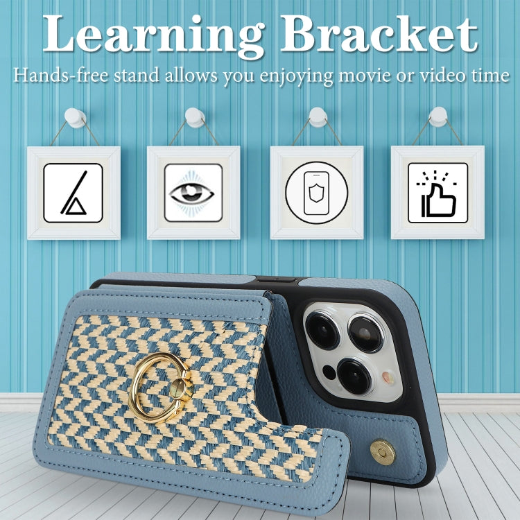 For iPhone 14 Pro Max Double Bckle Card Slot Full Coverage Phone Case with Cross-body Strap(Blue) - iPhone 14 Pro Max Cases by buy2fix | Online Shopping UK | buy2fix