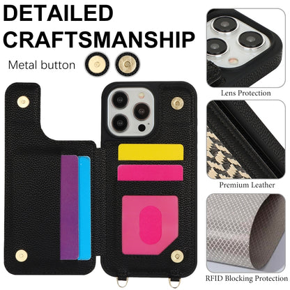 For iPhone 13 Pro Double Bckle Card Slot Full Coverage Phone Case with Cross-body Strap(Black) - iPhone 13 Pro Cases by buy2fix | Online Shopping UK | buy2fix