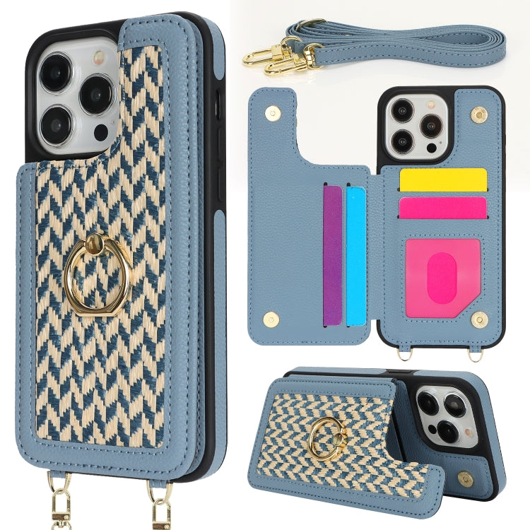 For iPhone 13 Pro Double Bckle Card Slot Full Coverage Phone Case with Cross-body Strap(Blue) - iPhone 13 Pro Cases by buy2fix | Online Shopping UK | buy2fix