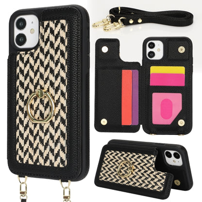 For iPhone 12 Double Bckle Card Slot Full Coverage Phone Case with Cross-body Strap(Black) - iPhone 12 / 12 Pro Cases by buy2fix | Online Shopping UK | buy2fix