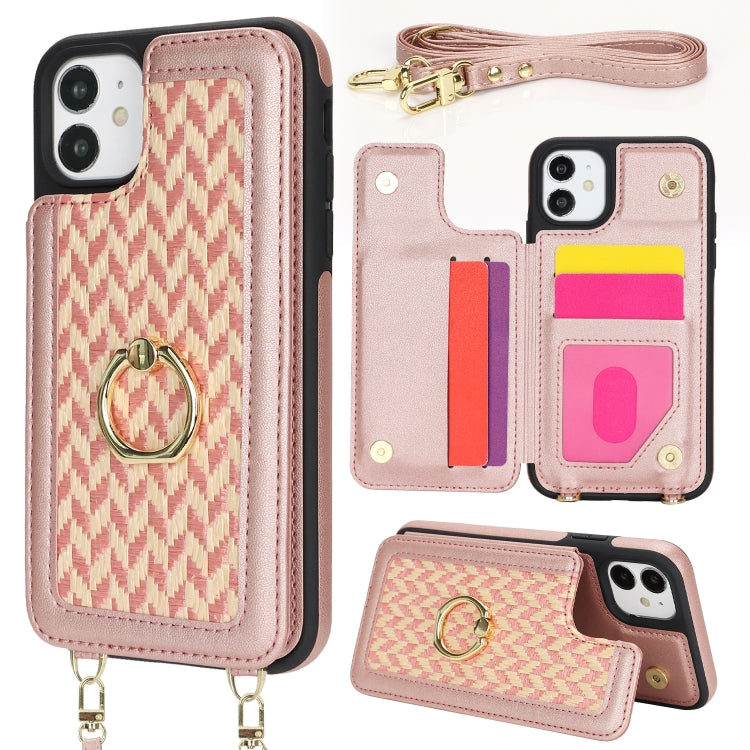 For iPhone 12 Double Bckle Card Slot Full Coverage Phone Case with Cross-body Strap(Rose Gold) - iPhone 12 / 12 Pro Cases by buy2fix | Online Shopping UK | buy2fix