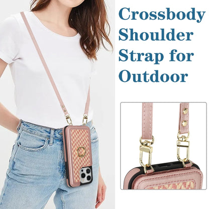 For iPhone 12 Pro Max Double Bckle Card Slot Full Coverage Phone Case with Cross-body Strap(Rose Gold) - iPhone 12 Pro Max Cases by buy2fix | Online Shopping UK | buy2fix
