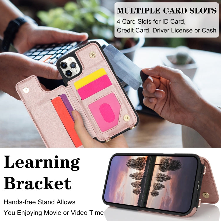 For iPhone 11 Pro Max Double Bckle Card Slot Full Coverage Phone Case with Cross-body Strap(Rose Gold) - iPhone 11 Pro Max Cases by buy2fix | Online Shopping UK | buy2fix