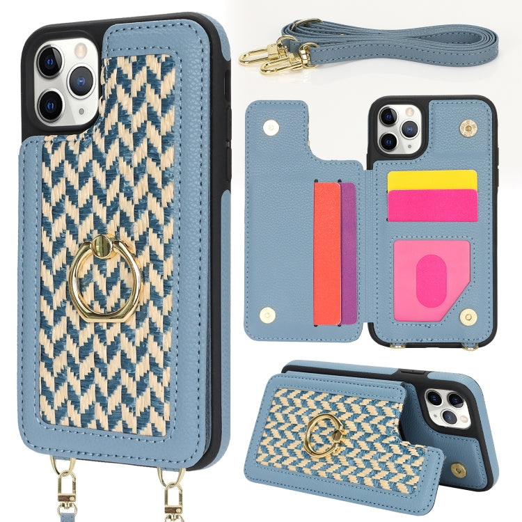 For iPhone 11 Pro Max Double Bckle Card Slot Full Coverage Phone Case with Cross-body Strap(Blue) - iPhone 11 Pro Max Cases by buy2fix | Online Shopping UK | buy2fix