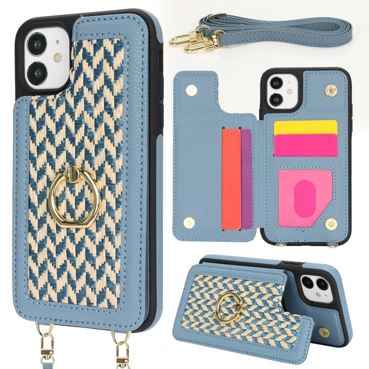 For iPhone 11 Double Bckle Card Slot Full Coverage Phone Case with Cross-body Strap(Blue) - iPhone 11 Cases by buy2fix | Online Shopping UK | buy2fix