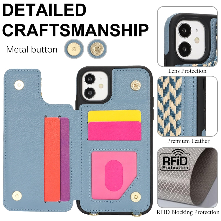 For iPhone 11 Double Bckle Card Slot Full Coverage Phone Case with Cross-body Strap(Blue) - iPhone 11 Cases by buy2fix | Online Shopping UK | buy2fix