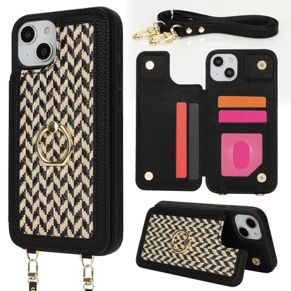 For iPhone 13 / 14 Double Bckle Card Slot Full Coverage Phone Case with Cross-body Strap(Black) - iPhone 13 Cases by buy2fix | Online Shopping UK | buy2fix