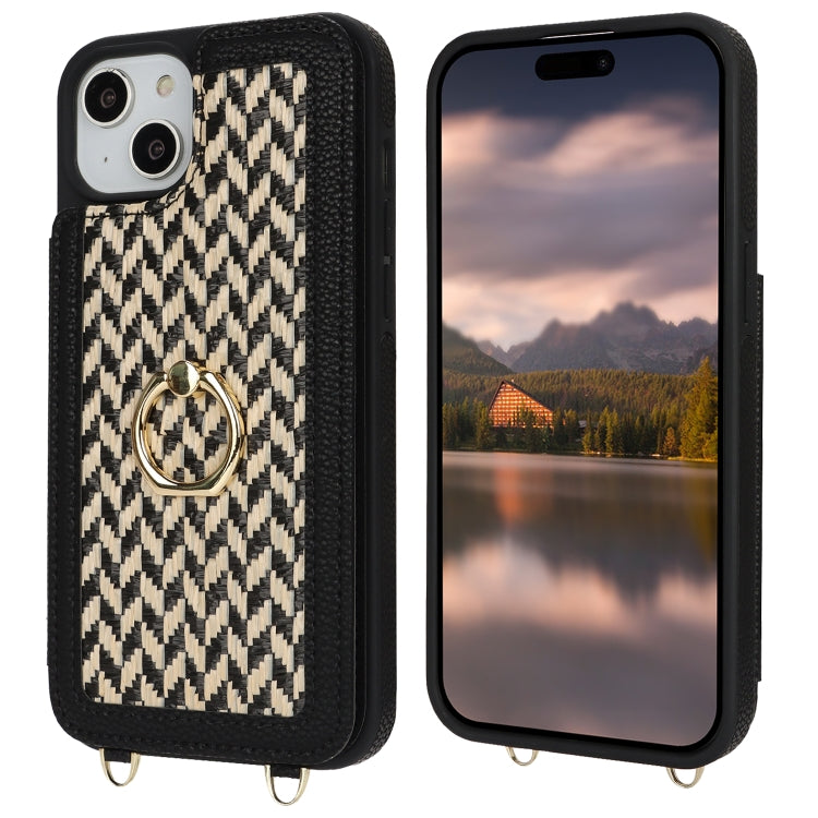For iPhone 13 / 14 Double Bckle Card Slot Full Coverage Phone Case with Cross-body Strap(Black) - iPhone 13 Cases by buy2fix | Online Shopping UK | buy2fix