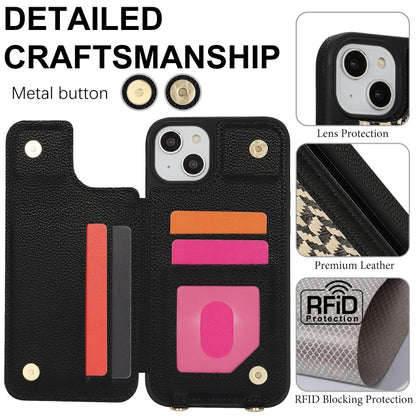 For iPhone 13 / 14 Double Bckle Card Slot Full Coverage Phone Case with Cross-body Strap(Black) - iPhone 13 Cases by buy2fix | Online Shopping UK | buy2fix