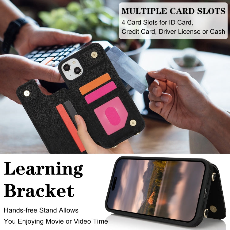 For iPhone 13 / 14 Double Bckle Card Slot Full Coverage Phone Case with Cross-body Strap(Black) - iPhone 13 Cases by buy2fix | Online Shopping UK | buy2fix