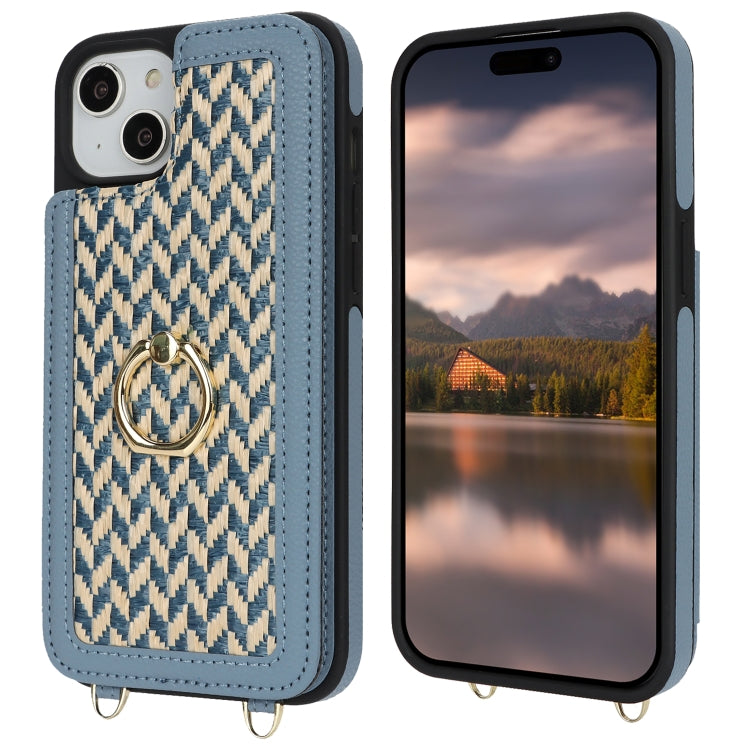 For iPhone 13 / 14 Double Bckle Card Slot Full Coverage Phone Case with Cross-body Strap(Blue) - iPhone 13 Cases by buy2fix | Online Shopping UK | buy2fix