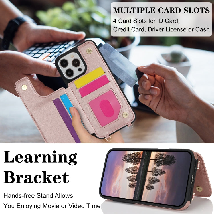 For iPhone 16 Pro Max Double Bckle Card Slot Full Coverage Phone Case with Cross-body Strap(Rose Gold) - iPhone 16 Pro Max Cases by buy2fix | Online Shopping UK | buy2fix