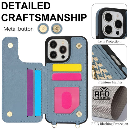 For iPhone 16 Pro Max Double Bckle Card Slot Full Coverage Phone Case with Cross-body Strap(Blue) - iPhone 16 Pro Max Cases by buy2fix | Online Shopping UK | buy2fix