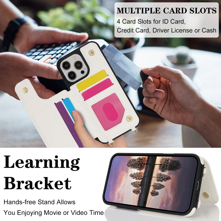 For iPhone 16 Pro Double Bckle Card Slot Full Coverage Phone Case with Cross-body Strap(White) - iPhone 16 Pro Cases by buy2fix | Online Shopping UK | buy2fix