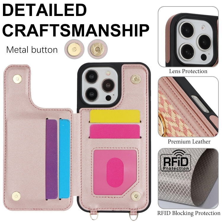For iPhone 16 Pro Double Bckle Card Slot Full Coverage Phone Case with Cross-body Strap(Rose Gold) - iPhone 16 Pro Cases by buy2fix | Online Shopping UK | buy2fix