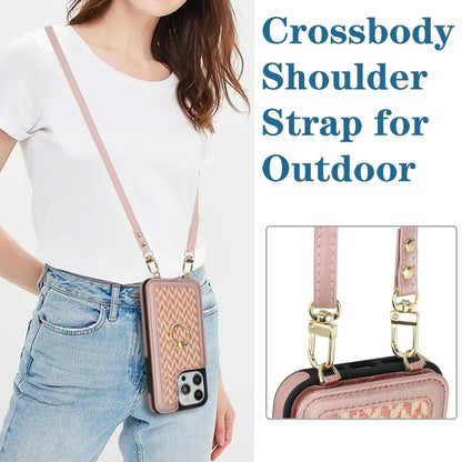 For iPhone 16 Pro Double Bckle Card Slot Full Coverage Phone Case with Cross-body Strap(Rose Gold) - iPhone 16 Pro Cases by buy2fix | Online Shopping UK | buy2fix