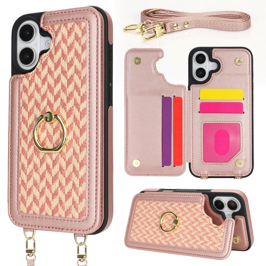 For iPhone 16 Plus Double Bckle Card Slot Full Coverage Phone Case with Cross-body Strap(Rose Gold) - iPhone 16 Plus Cases by buy2fix | Online Shopping UK | buy2fix