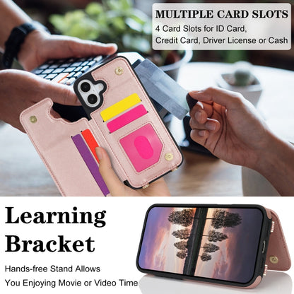 For iPhone 16 Plus Double Bckle Card Slot Full Coverage Phone Case with Cross-body Strap(Rose Gold) - iPhone 16 Plus Cases by buy2fix | Online Shopping UK | buy2fix