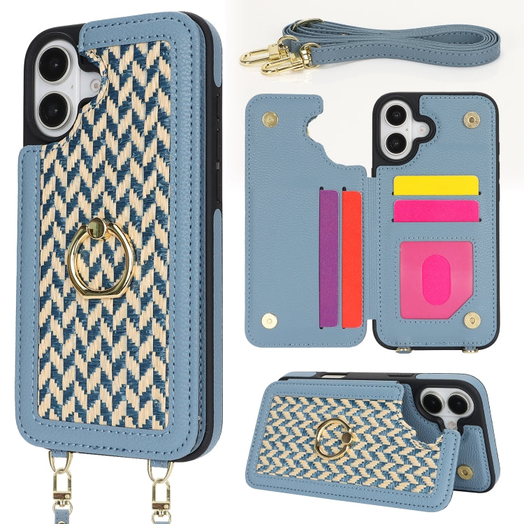 For iPhone 16 Plus Double Bckle Card Slot Full Coverage Phone Case with Cross-body Strap(Blue) - iPhone 16 Plus Cases by buy2fix | Online Shopping UK | buy2fix